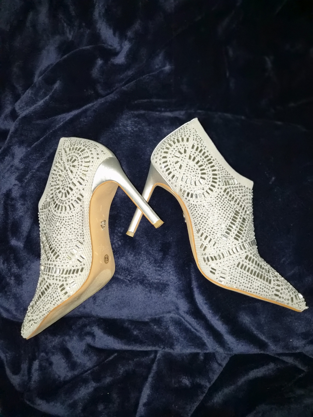 Thalia Sodi Silver Crystal Crochet Pointed Toe Stiletto Booties